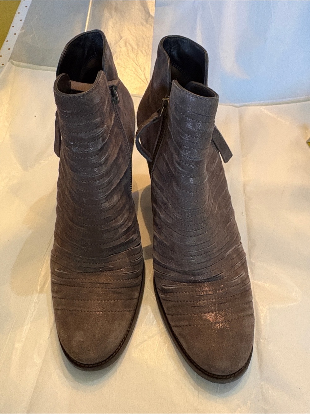 Paul Green Taupe Suede Malibu Sliced Ankle Booties with Layered Stitching